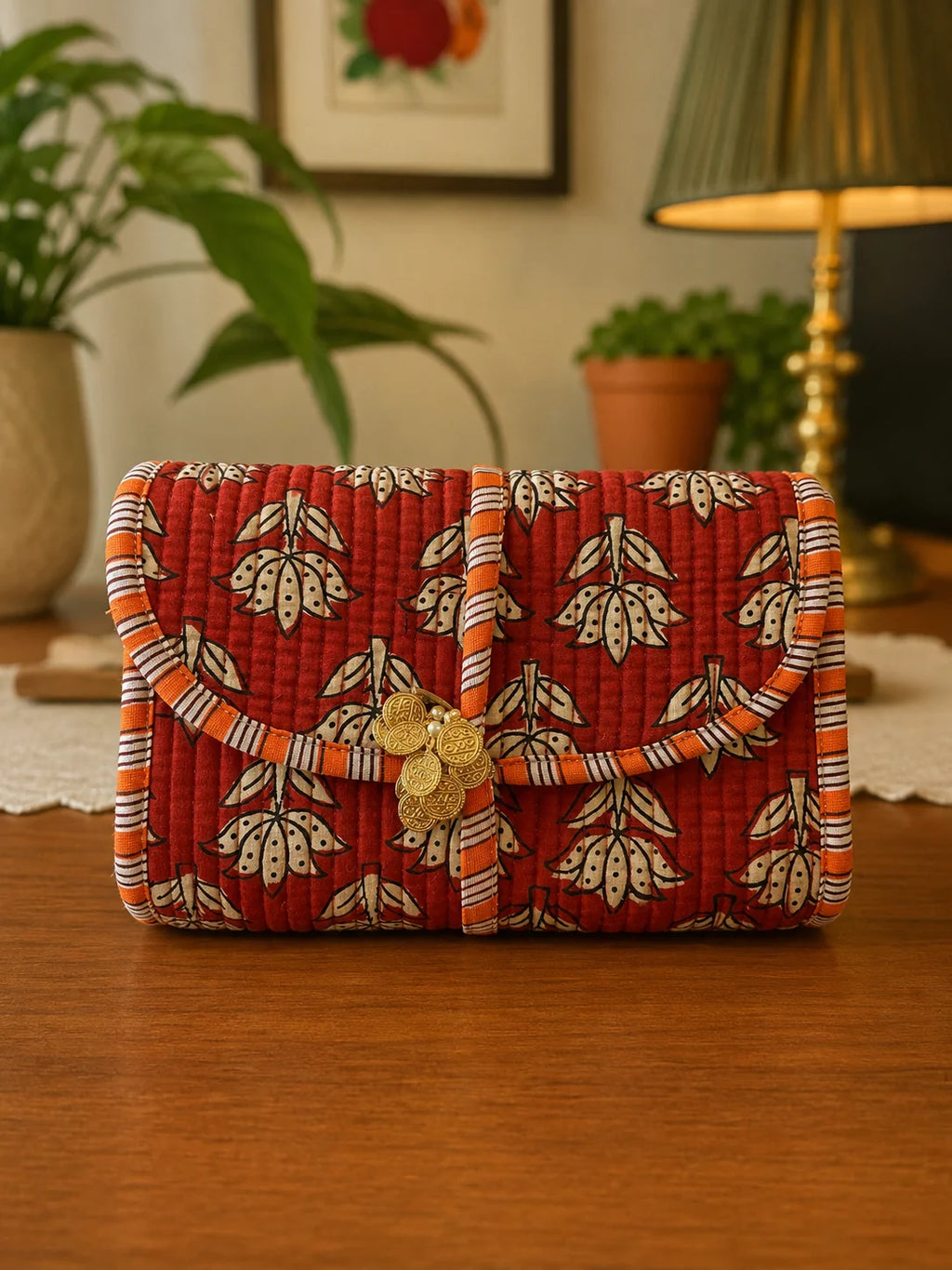 Handblock Fold Organiser - Red Lotus (Closed)