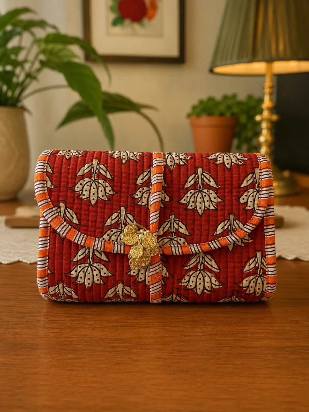 Handblock Fold Organiser - Red Lotus (Closed)