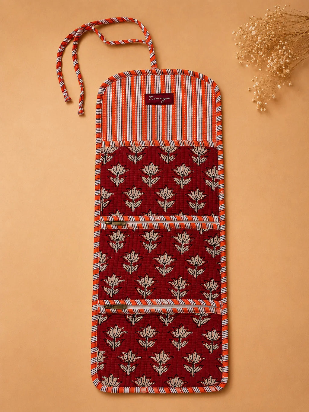 Handblock Fold Organiser - Red Lotus (Open)