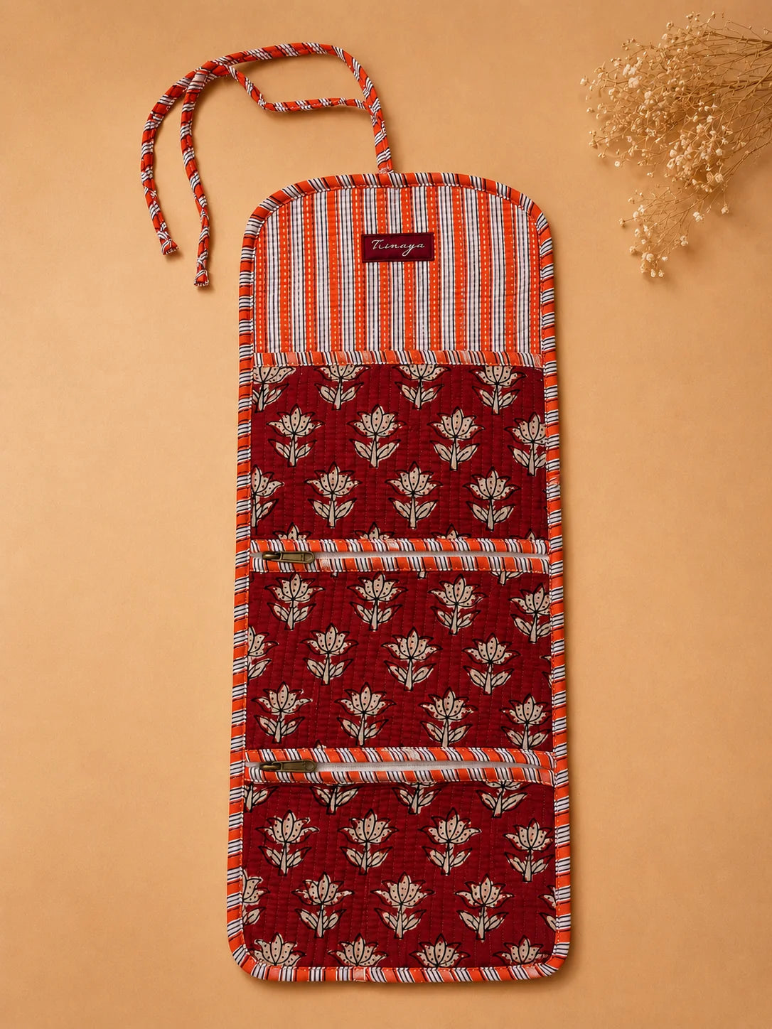 Handblock Fold Organiser - Red Lotus (Open)